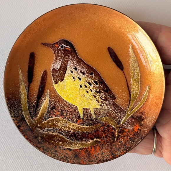 Vintage Mid Century Brotmans or Bovano Copper Enamel Cat Tails Bird Trinket Dish - Picture 3 of 6